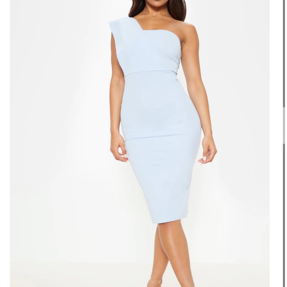 Dusty Blue One Shoulder Drape Midi Dress